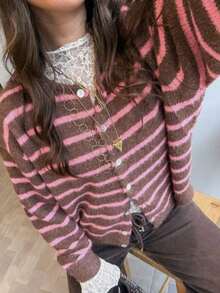 春夏女款新款對比色條紋圓領長袖針織開襟衫，復古休閒日常穿搭，學院風 - 巧克力 - 查看 2