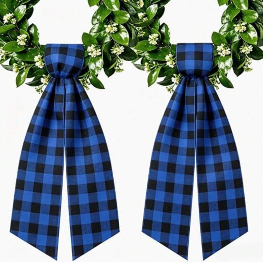 Paquete de 2 lazos de corona de búfalo para puerta de entrada de boj, guirnalda, porche, decoración de cinta clásico, accesorios de cumpleaños para patio, puerta, día festivo, 4 de julio - Azul - Ver 1