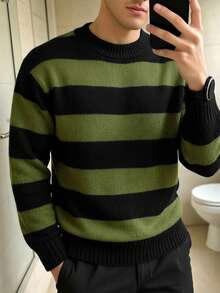 1pc Boys/Teenagers Back To School Season Minimalist Striped Colorblock Sweater - Green - View 3