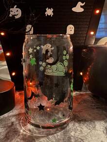 Halloween Witch Magic Cauldron Glass Straw Cup, Bamboo Lid High Transparency Can Cup, Bat Star Moon Ghost Print Iced Coffee Cold Drink Cup - Multicolor - View 5