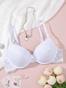 Women Floral Lace Push Up Bra For Small Bust, Comfort Breathable Underwire Bra, Adjustable Thin Straps Elegant Lingerie For Daily Wear - White - View 6
