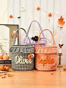 Personalized Ruffle Halloween Storage Basket, Customizable Name Plaid Halloween Trick Or Treat Bag, Halloween Candy Bucket, Halloween Gift Storage Box - Multicolor - View 8
