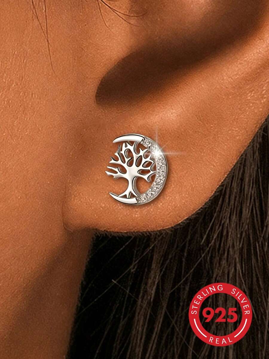 1 Pair 925 Sterling Silver Women's Tree Of Life Crescent Moon Stud ...
