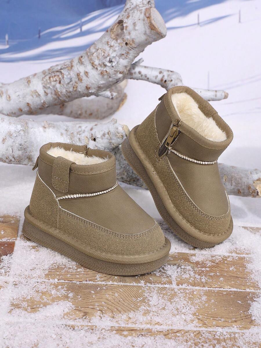 1雙嬰兒卡其色保暖內裡短款雪地靴,側拉鍊設計加厚保暖軟底靴,男女童通用防滑耐磨戶外休閒靴 - 卡其色 - 查看 1