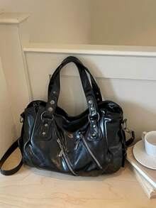 Retro Minimalist Large Capacity Fashion Student/Work Commute Tote Bag - Black - View 7