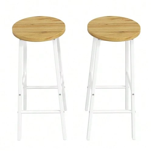 Set Of 2 Bar Stools With Wood-Look Seats, 70 Cm, Load Capacity Up To 150 Kg, With Adjustable Feet & Two Footrests, White Metal Frame, Ideal For Kitchen Islands - White - View 1
