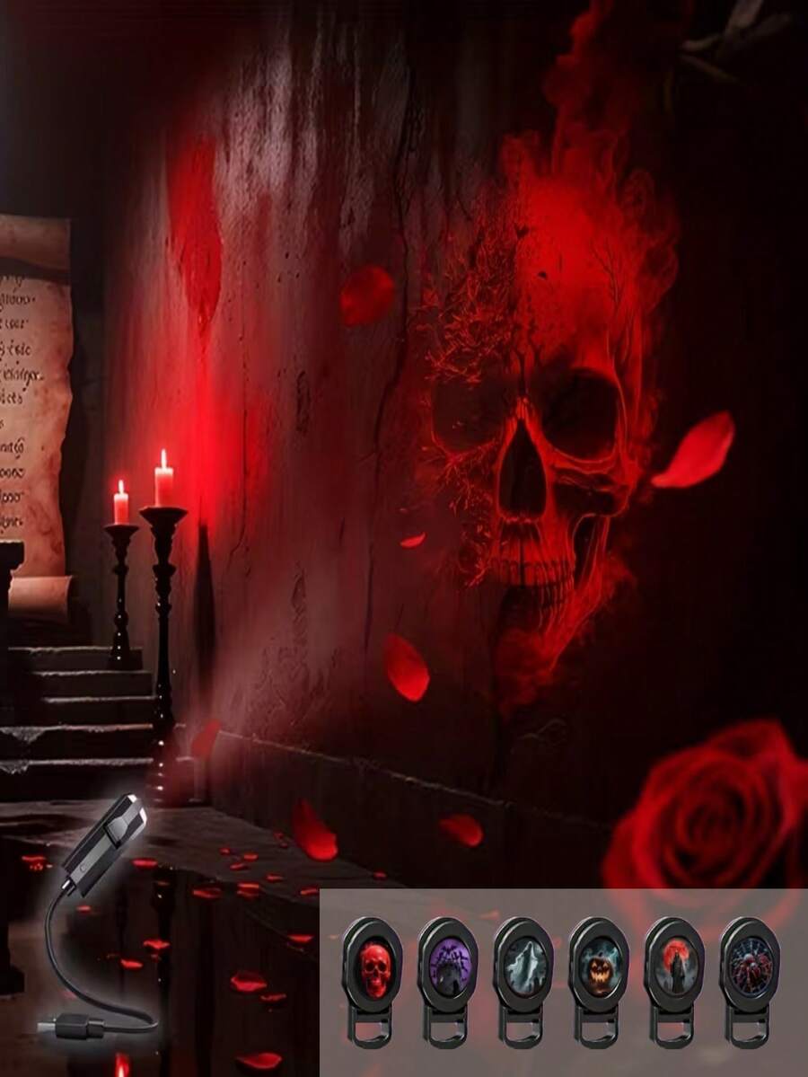 6pcs Halloween USB Projector Lights, Creative LED Halloween Projector Lights, Scary Atmosphere Lights, 6 Patterns USB Projector Lights, Suitable For Ceiling, Wall Decoration, Indoor Decoration, Home Decor, Halloween Decoration, Party Decoration And Room And Living Room Decoration