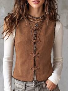 Atasan Rompi Motif Kancing Katak dari Kain Mirip Suede Bergaya Vintage - Coklat - View 4
