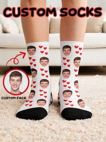 Personalized Custom Photo Crew Socks, Custom Face & Red Heart Pattern Mid Calf Socks, Creative Custom Gift For Men, Women And Lovers - Multicolor - View 1