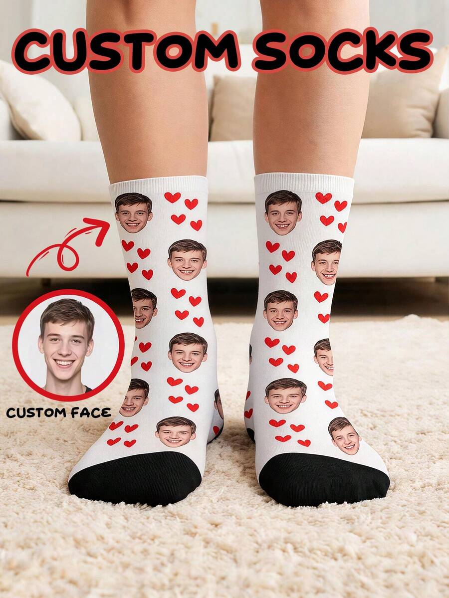 Personalized Custom Photo Crew Socks, Custom Face & Red Heart Pattern Mid Calf Socks, Creative Custom Gift For Men, Women And Lovers - Multicolor - View 1