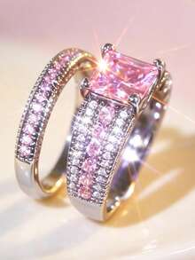 Yayi jewelry 2PCS Women's Princess Square Double-Row Sparkling Rings, Wide Main Ring Paired With Double-Layer Thin Rings, Luxury Style Stackable Rings, Bridal Wedding Rings With Novel Design, Young Girl Engagement Anniversary Gift - Pink - View 5