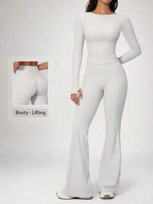 NcmRyu Setelan Olahraga Wanita Satu Set Warna Polos, Lengan Pendek dan Panjang dengan Lubang Jempol, Model Celana Lebar - Grey - View 1