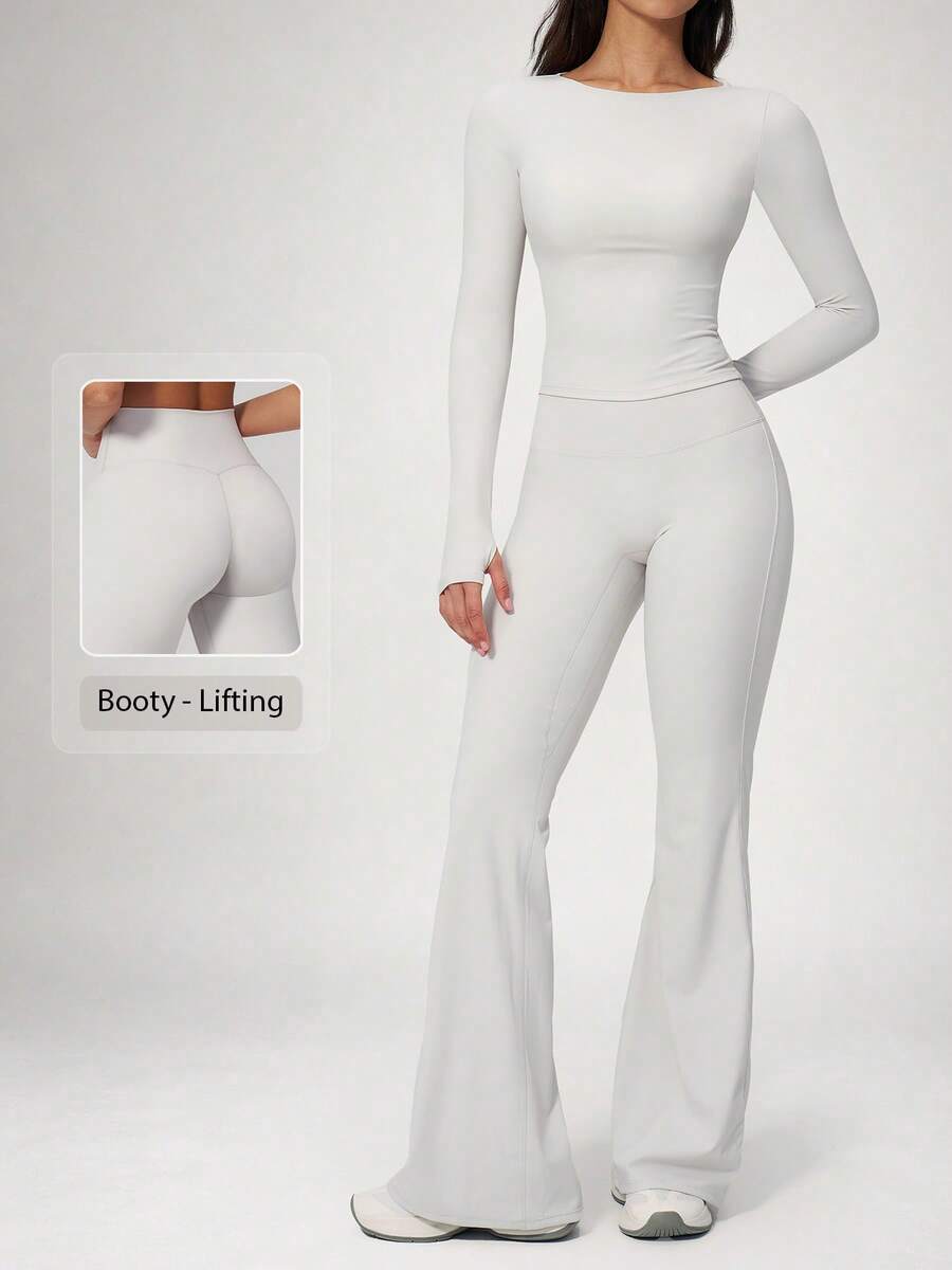NcmRyu Setelan Olahraga Wanita Satu Set Warna Polos, Lengan Pendek dan Panjang dengan Lubang Jempol, Model Celana Lebar - Grey - View 1