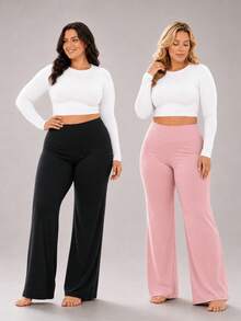2pcs Plus Size Black High Waist Straight Leg Yoga Pants, Tummy Control Butt Lifting 4-Way Stretch Workout Pants, Suitable For All Seasons - Black - View 5
