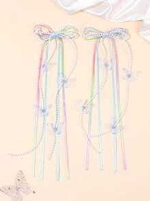 2pcs Girls Gradient-Color Hair Clips With Long Tails,Butterfly&Pearls Decor Super Fairy Hair Bows,Party Clips,Gifts For Friends,Kids Hair Accessories - Multicolor - View 3