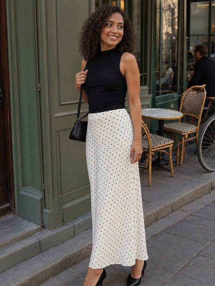 女性用ドット柄ホワイトロングスカート、シルクサテン夏用マキシ