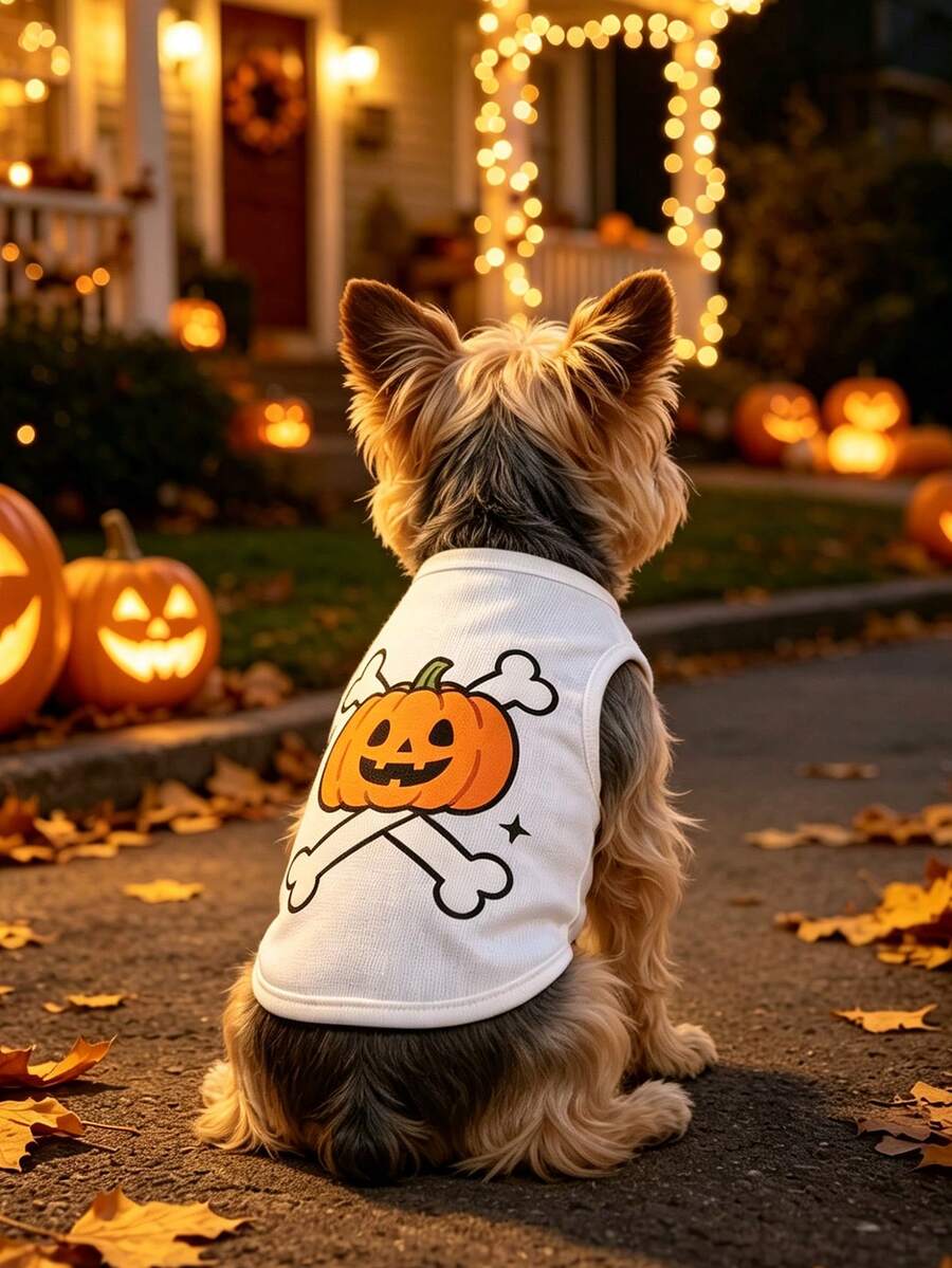 1pc Halloween Pumpkin Crossbones Print Dog Sleeveless Vest, Breathable Mesh Pet Tank Top, Cute Holiday Outfit For Small Medium Dogs, Funny Jack-O'-Lantern Skeleton Bone Puppy Costume, Comfort Daily Wear Pet Clothes For Halloween Party Cosplay. - Multicolor - View 1