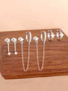 6PCS Exquisite Tassel Chain Geometry Stud Earrings Set For Women Simple Rhombus Hoop Earring Daily Wear Jewelry - 6PCS-silver - View 1