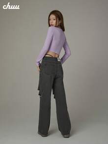 CHUU Camiseta de tela de punto de unicolor 2 en 1/deconstruida, top de patchwork estilizado para citas, deportes, uso diario en otoño/invierno - Púrpura malva - Ver 5