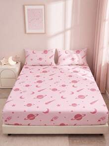 1pc Pink Space Planet Pattern Fitted Sheet, Bedding, Mattress Protector, Home Textile, Soft, Wrinkle-Resistant, Breathable & Comfortable, Suitable For All Bed Sizes, Dorm Bedding, Home Decor, Pillow And Pillowcase Not Included, Deep Pocket, Back To School - Multicolor - View 8