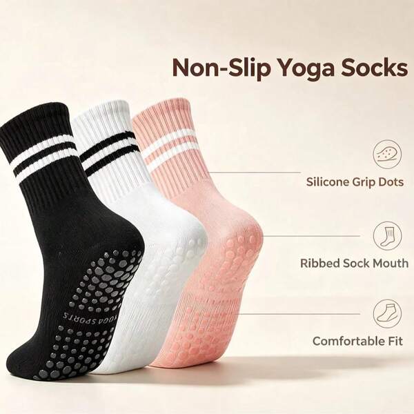 3 Pairs Non-Slip Breathable Sports Yoga Socks, Silicone Anti-Slip Classic Striped Mid-Calf Socks, Suitable For Home Wear, Home Fitness, Outdoor Sports, Dance, Pilates, Indoor Shock-Absorbing Sports Socks