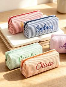 Custom Embroidered Name Striped Canvas Makeup Bag, Personalized Letter Zipper Storage Pouch, Bridesmaid Invitation Gift Cosmetic Organizer Pencil Case, Customized Text Portable Travel Toiletry Bag, Wedding Bachelorette Party Favor - Multicolor - View 6