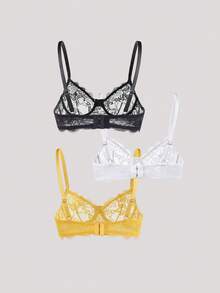 3pcs Women's Multicolored Fashion Eyelash Lace Unlined Underwire Bras Set - Multicolor - View 2
