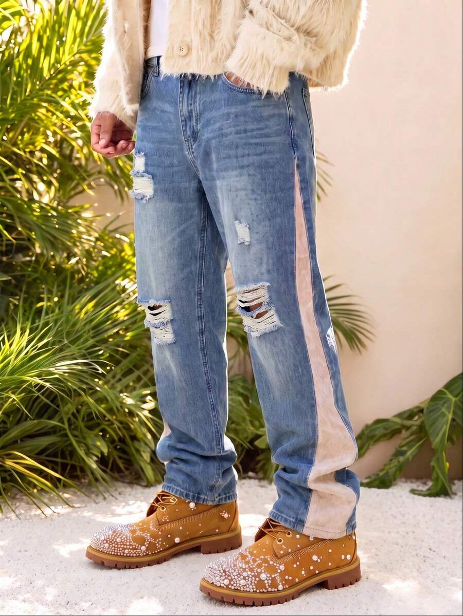Men's Straight Leg Distressed Jeans With Side Contrast Snake Print Patchwork, Streetwear Retro Washed Long Pants - Blue - View 1