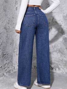 Calça Wide Leg Pantalona Jeans Feminina Cintura Alta  Sem Laycra Levanta Bumbum PLUS Size Tam 36 ao 54 - Lavagem escura - Visão 2
