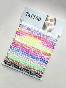 12pcs Women's Colorful Fish Line Tattoo Elastic Fashion Vintage Minimalist Bohemian Necklace & Collarbone Chain Set - Multicolor - View 1