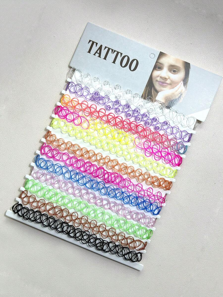 12pcs Women's Colorful Fish Line Tattoo Elastic Fashion Vintage Minimalist Bohemian Necklace & Collarbone Chain Set - Multicolor - View 1