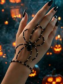 1pc Exquisite Creative Fashion Dark Style Handmade Beaded Spider Finger Bracelet, Gothic Style Halloween 3D Handmade Woven Seed Bead Spider Finger Bracelet Suitable For Halloween Party Wear (Pure Handmade Woven Seed Bead Quantity, Color And Position Random) - Black - View 3