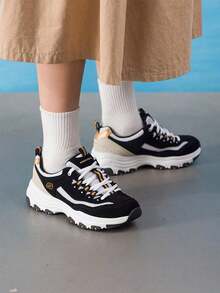 Skechers Women's D'LITES Series Fashion Lace-Up Sports Casual Shoes, 2026 Autumn New Colorblock Thick Sole Chunky Sneakers 8730066-BKGD - Black/Gold - View 2