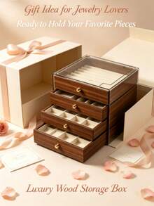 5 Drawer/Extra Large 5-Layer Wood Grain Jewelry Storage Box, Transparent Acrylic Top Cover Jewelry Organizer, Suitable For Earrings, Rings, Necklaces - Coffee Brown - View 10