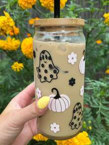 Light Pink Pumpkin Floral Cute Ghost Glass Cup, Transparent High Borosilicate Material, Autumn Halloween Portable Takeout Fruit Tea Cold Drink Cup - Multicolor - View 9