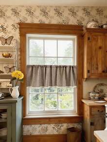 1pc Coffee White Plaid Table Skirt, Lightweight Breathable Country Style Curtain For Kitchen Cabinet, Bedroom, Living Room Home Decor - Coffee Brown - View 4
