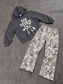 2pcs/Set Boys Cartoon Sports Outfit, Block Robot Print Hoodie With Camouflage Cargo Pants, Autumn/Winter Campus Wear - Dark Grey - View 2
