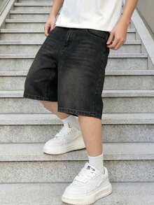 Teens' Fashionable Loose Straight Leg Denim Shorts - Black - View 5