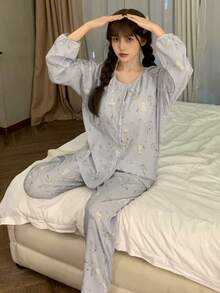 2pcs/Set Women's Pajamas Homewear Set, Fashionable Cute Rabbit Print Open Front Long Sleeve Long Pants, Suitable For All Seasons - Mauve Purple - View 8