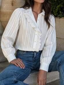 Sookaug White Ruffle V-Neck Long Sleeve Blouse For Women, Design-Driven Loose Fit Slimming Knit Shirt - White - View 5