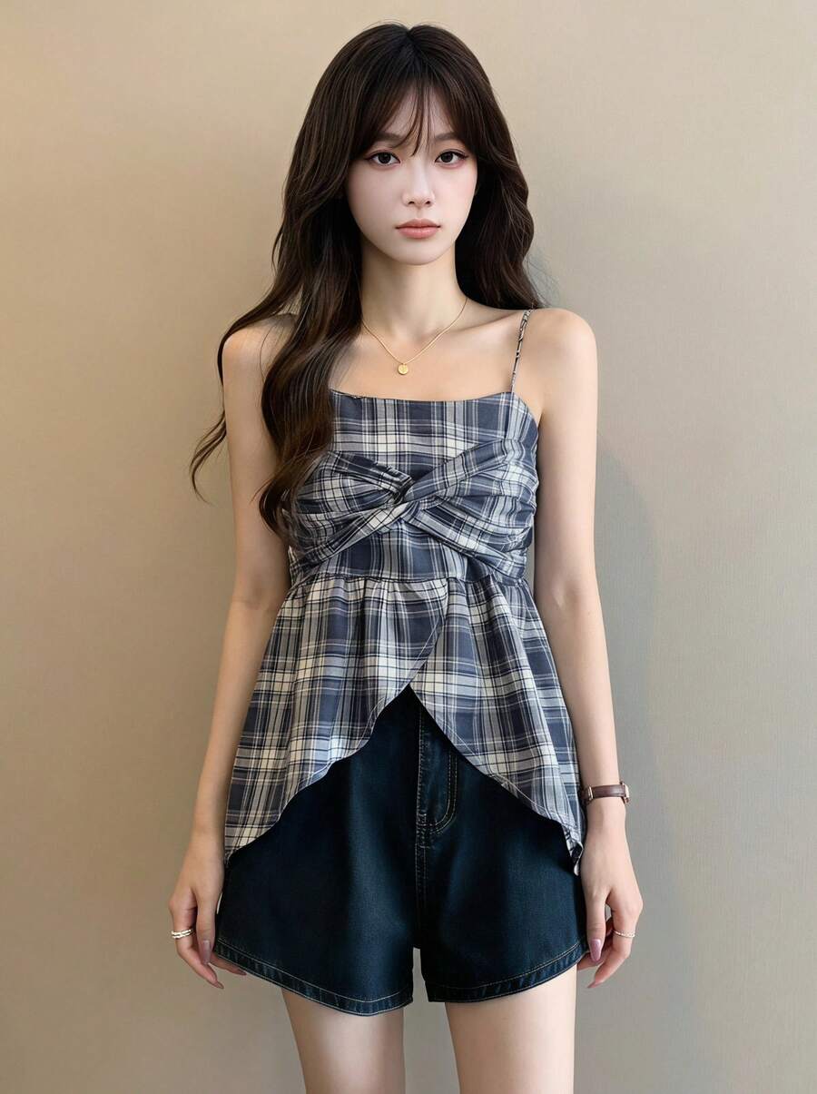 Yorily 复古格纹吊带背心，多巴胺灵感设计，不对称露脐上衣，休闲夏季款