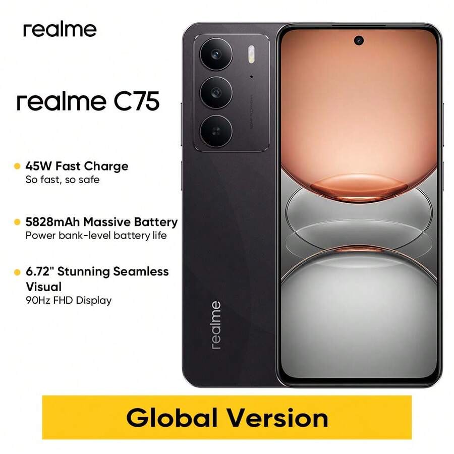 Realme C75 智慧型手機 8GB+256GB 全球版,4G LTE,Android 14 解鎖手機,50MP 相機,5828mAh 大容量電池,45W 快充 - 黑色 - 查看 1