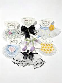 Cute Lace Trim Bow Pet Collar Bib, Detachable, Floral Plaid Cartoon Print, Exquisite Lace Decoration With Bell, Suitable For Kittens, Indoor Cats, Small Dogs, Highly Attractive Pet Decorative Accessory - Multicolor - View 2