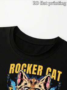 Camiseta de manga corta holgada para hombre con estampado gráfico de gato rockero vintage, cuello redondo, de algodón transpirable, ajuste suelto casual para uso diario, verano y actividades al aire libre - Negro - Ver 5