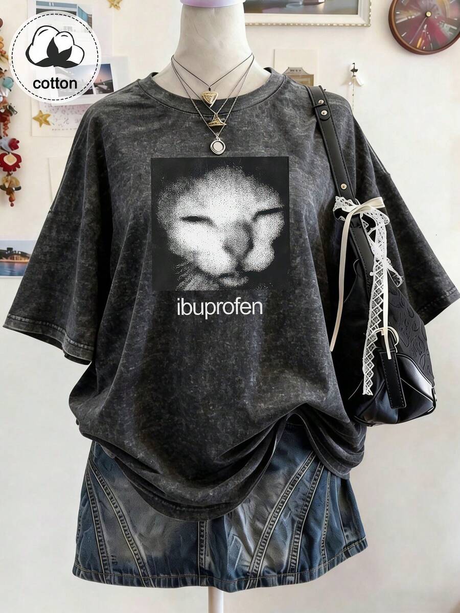 大尺碼女款休閒服,雪花圖案布料,舒適休閒上衣,復古T恤,春夏秋大尺碼黑色衣物 - 黑色 - 查看 1