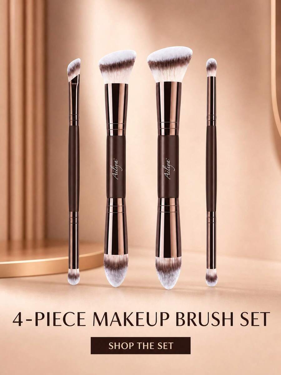 Ailiya 4-Piece Double-Ended Makeup Brush Set, 2 Large Face Brushes And 2 Detail Brushes With Angled, Curved And Rounded Heads, Brown Handles, Rose-Gold-Tone Ferrules And Gradient Bristles For Base, Contour, Blending And Eye Makeup - Brown - View 1