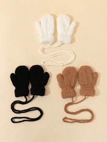 1pc Unisex Kids Full Finger Neck Hanging Knitted Mittens, Candy Color Thickened Autumn/Winter Half-Fleece Knitted Gloves - 1Pair - View 2