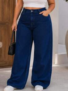 Calça Wide Leg Pantalona Jeans Feminina Cintura Alta  Sem Laycra Levanta Bumbum PLUS Size Tam 36 ao 54 - Lavagem escura - Visão 1