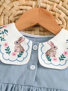 Baby Girl Corduroy Long Sleeve Dress With Rabbit And Floral Print Collar, Fresh And Gentle Style, Pastoral Charm, Suitable For Spring, Autumn, Early Winter Daily Outings And Gatherings - Dusty Blue - View 3