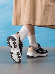 Skechers Women's D'LITES Series Fashion Lace-Up Sports Casual Shoes, 2026 Autumn New Colorblock Thick Sole Chunky Sneakers 8730066-BKGD - Black/Gold - View 4